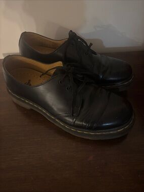 Dr. Martens Black Leather Derby Oxfords with Yellow Stitching